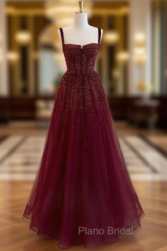 Gothic Burgundy Spaghetti Straps Sequins Beaded Formal Prom Dresses Tulle Party Evening Dresses Main image