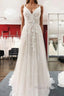 Graceful Long A-line Tulle V-neck Lace Backless Wedding Dresses