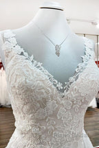 Graceful Long A-line Tulle V Neck Lace Open Back Wedding Dresses