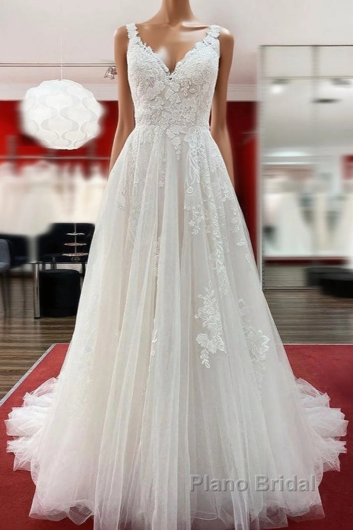 Graceful Long A-line Tulle V Neck Lace Open Back Wedding Dresses Main image
