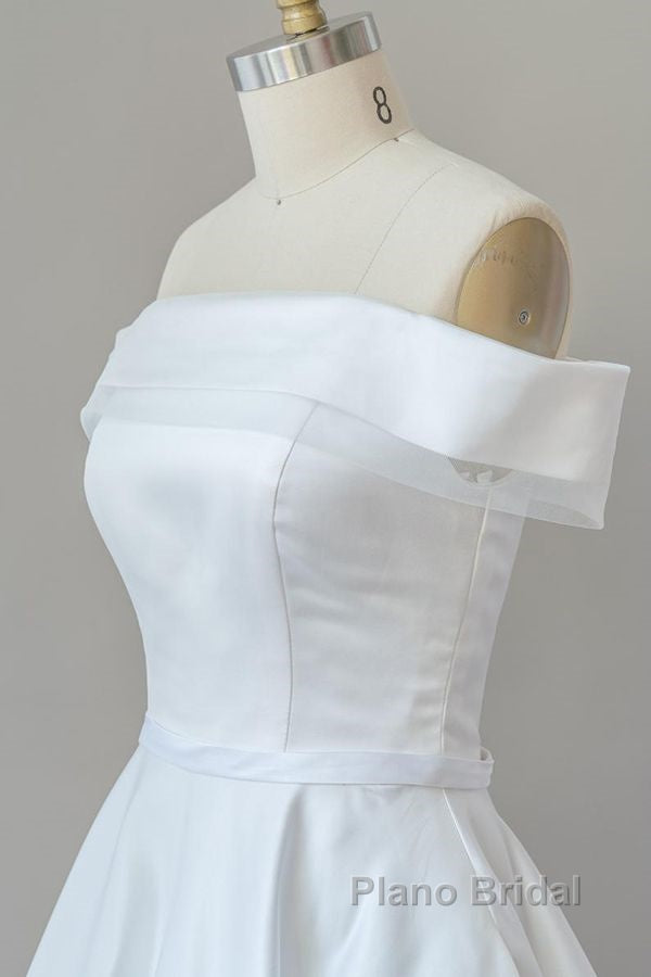 Graceful Long Ball Gown Off Shoulder Satin Wedding Dress