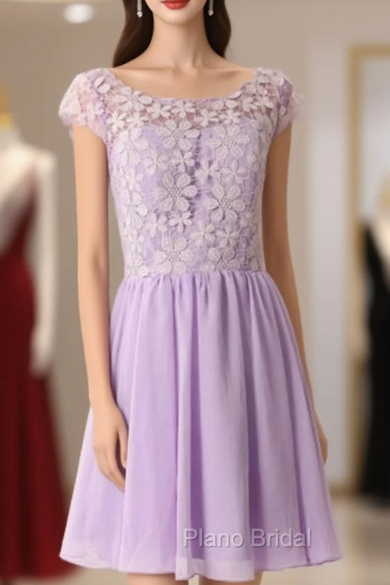 Graceful Purple Lace Round Neckline Short Formal Prom Dresses Purple Bridesmaid Dresses Graduation Dresses