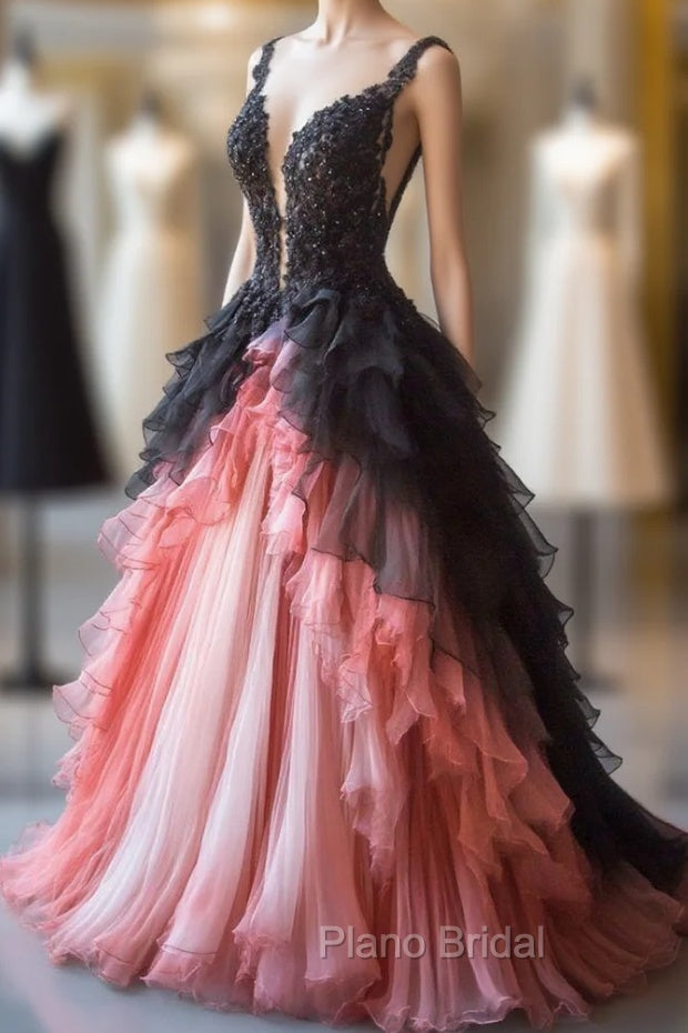 Gradient A-Line Tulle Lace Deep V Neck Long Formal Prom Dresses, Layered Beaded Evening Dresses Main image