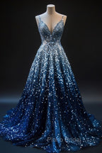 Gradient Blue A-Line Spaghetti Straps Sequins Long Formal Prom Dresses V-Neck Evening Gown