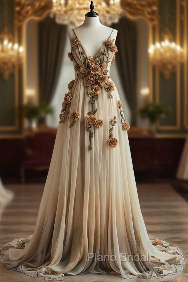 Gradient Champagne V-Neck Chiffon A-Line Formal Prom Dresses Three-Dimensional Rose Simple Wedding Dresses Main image