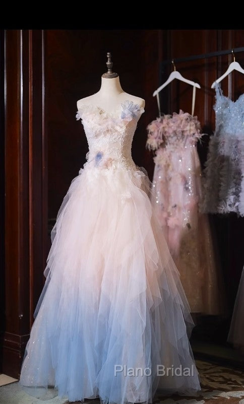 Gradient Color Strapless Tulle A-Line Long Birthday Ball Dresses Beautiful Wedding Dresses