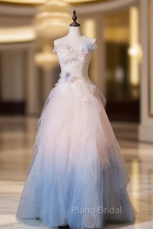 Gradient Color Strapless Tulle A-Line Long Birthday Ball Dresses Beautiful Wedding Dresses