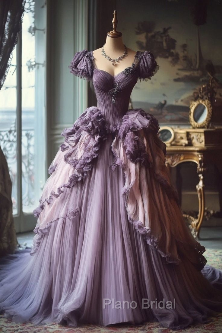 Gradient Purple A-Line Sweetheart Neck Tulle Lace Vintage Long Formal Prom Dresses