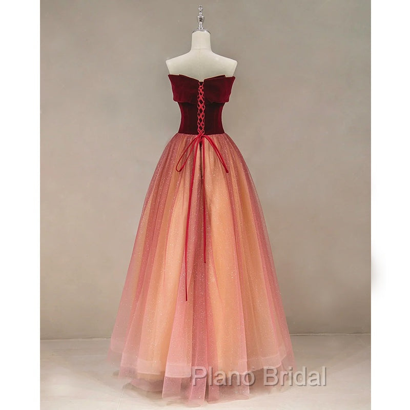 Gradient Red Tulle with Velvet Long Party Dresses, Cute Floor Length Formal Dresses Secondary image