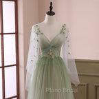 Gradient Tulle Green Beaded Long Sleeves Party Dresses, Green Formal Dresses