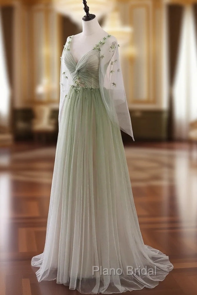 Gradient Tulle Green Long Sleeves Party Dresses, Green Evening Formal Dresses