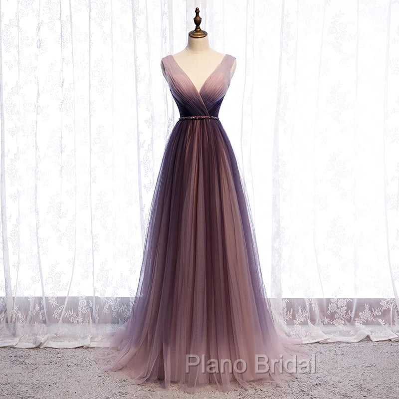 Gradient V-neckline Tulle Long Formal Prom Dresses Party Dresses, Gradient Evening Gown