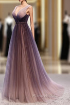 Gradient V-neckline Tulle Long Formal Prom Dresses Party Dresses, Gradient Evening Gown