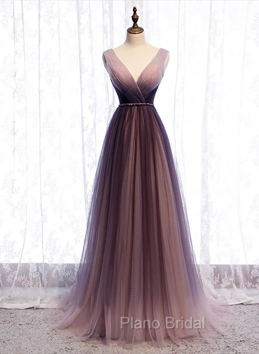 Gradient V-neckline Tulle Long Formal Prom Dresses Party Dresses, Gradient Evening Gown