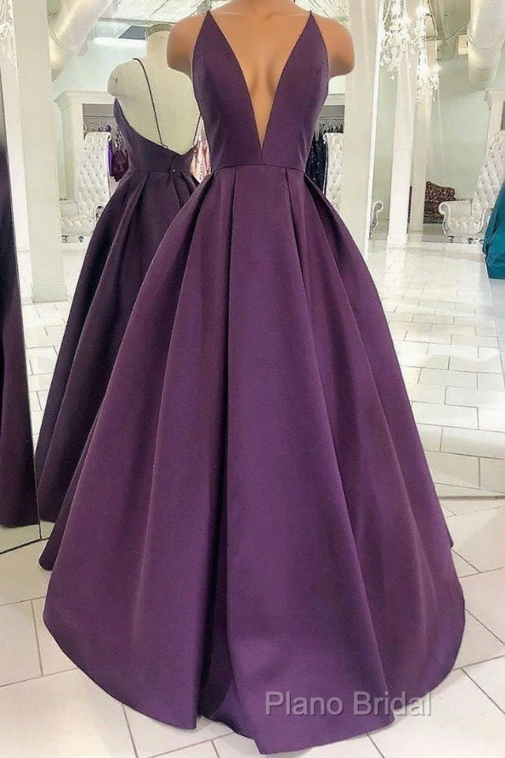 Grape Purple Satin V Neck Backless Long Formal Prom Dresses