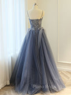 Gray A Line Lace Tulle Long Formal Prom Dresses, Gray Formal Evening Dresses