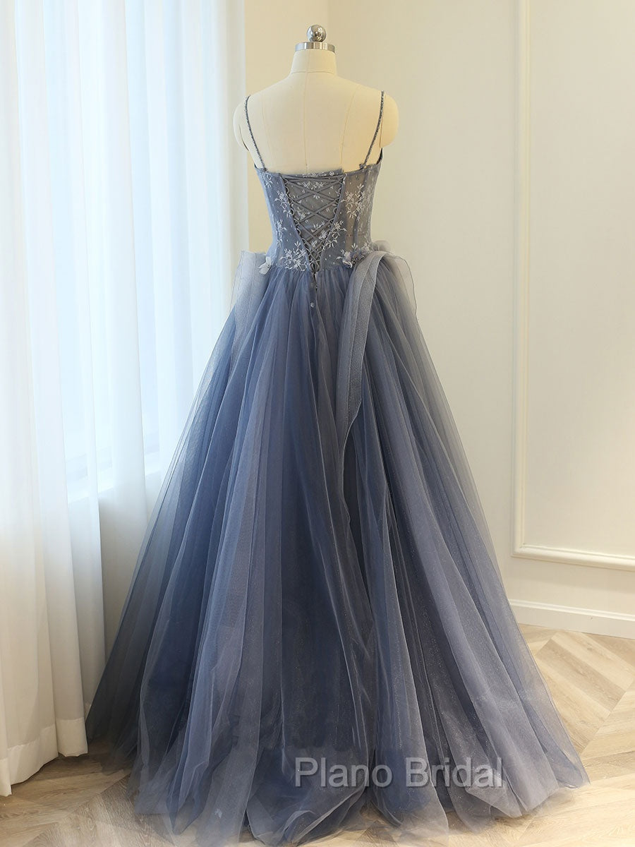 Gray A Line Lace Tulle Long Formal Prom Dresses, Gray Formal Evening Dresses