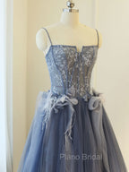 Gray A Line Lace Tulle Long Formal Prom Dresses, Gray Formal Evening Dresses