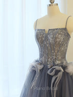 Gray A Line Lace Tulle Long Formal Prom Dresses, Gray Formal Evening Dresses