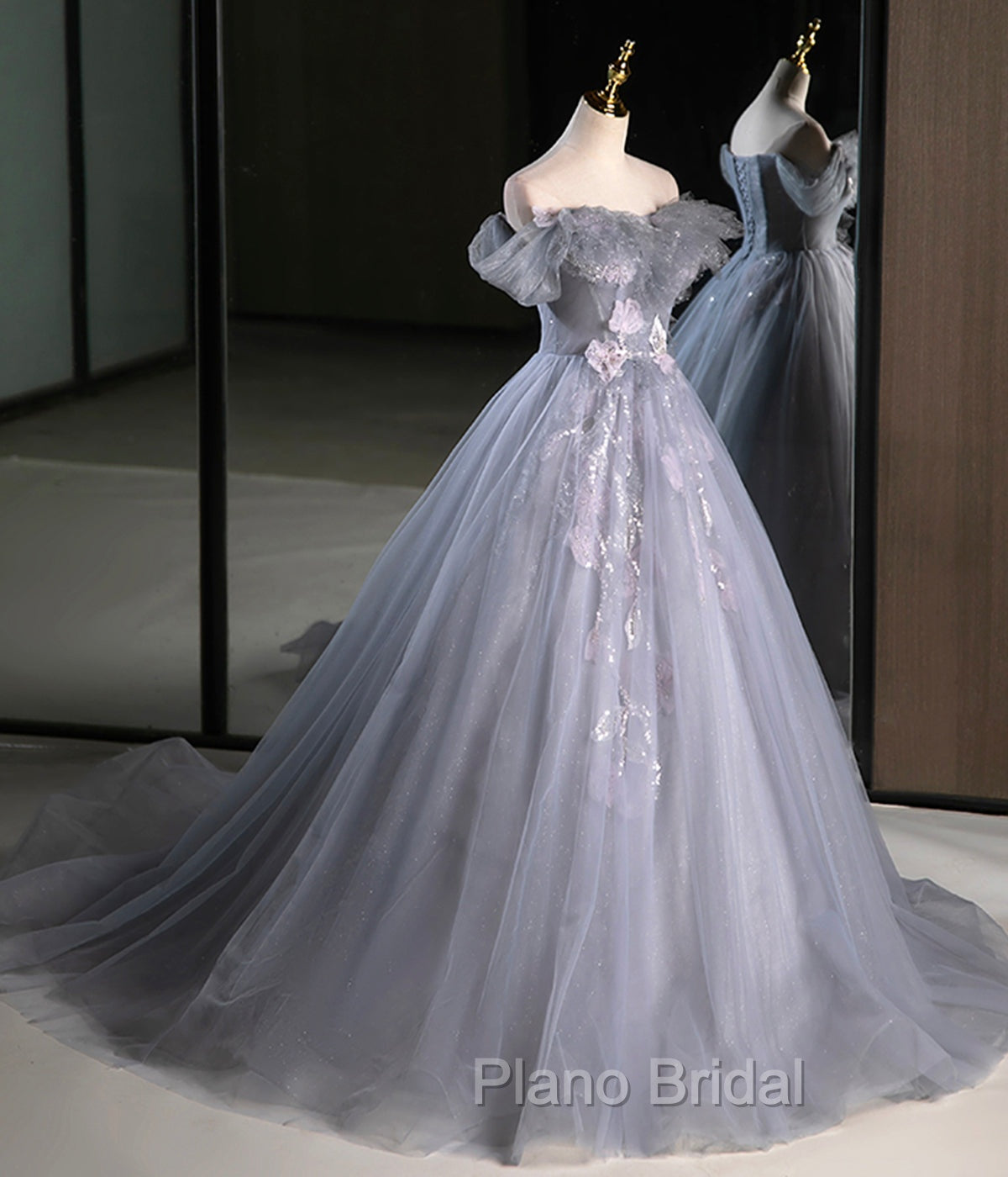 Gray A Line Off the Shoulder Appliques Tulle Long Formal Prom Dresses Evening Party Dresses Secondary image