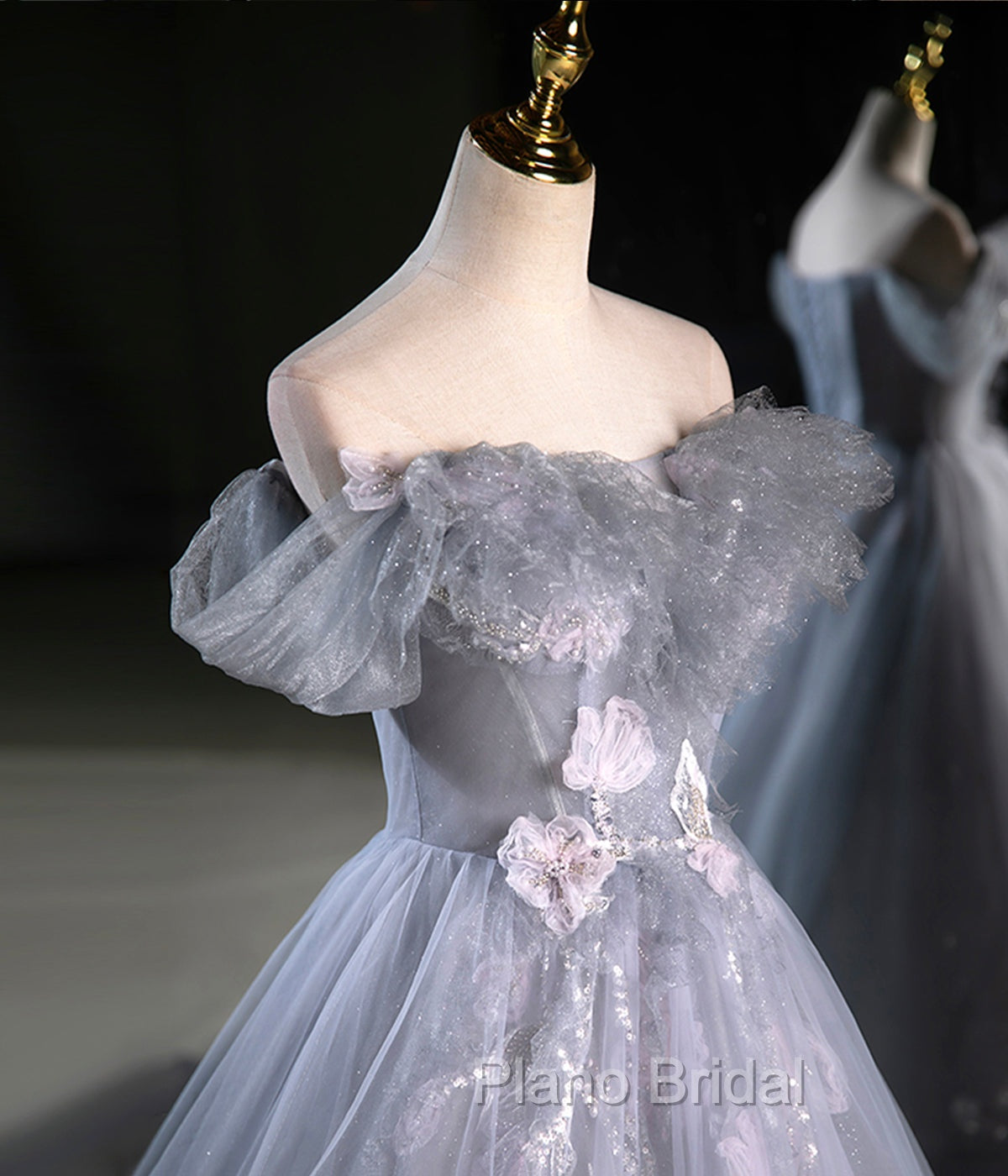 Gray A Line Off the Shoulder Appliques Tulle Long Formal Prom Dresses Evening Party Dresses