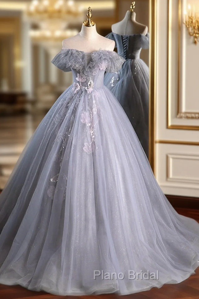 Gray A Line Off the Shoulder Appliques Tulle Long Formal Prom Dresses Evening Party Dresses Main image