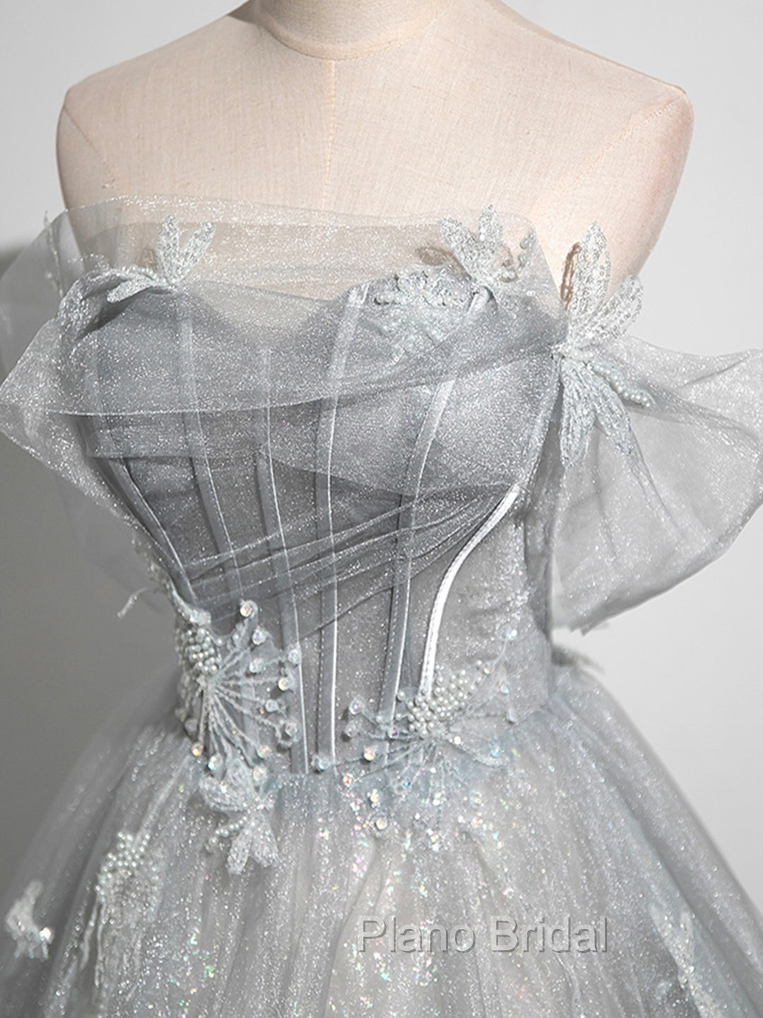 Gray A-Line Off the Shoulder Tulle Formal Prom Dresses, Lovely Corset Floor Length Party Dresses