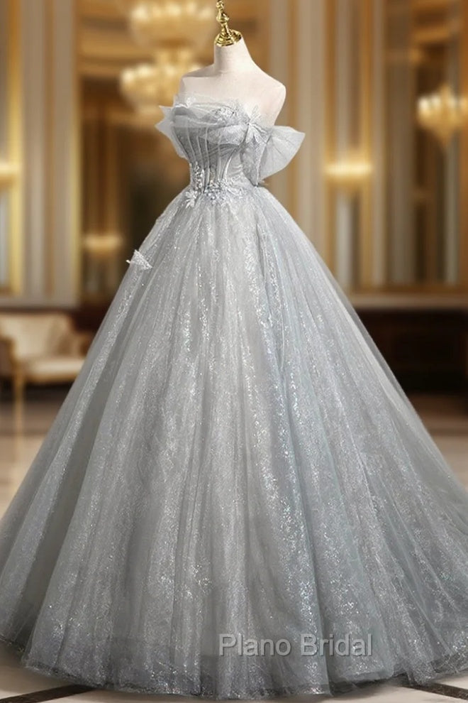 Gray A-Line Off the Shoulder Tulle Formal Prom Dresses, Lovely Corset Floor Length Party Dresses