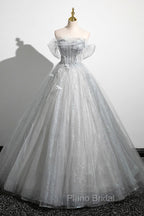 Gray A-Line Off the Shoulder Tulle Formal Prom Dresses, Lovely Corset Floor Length Party Dresses