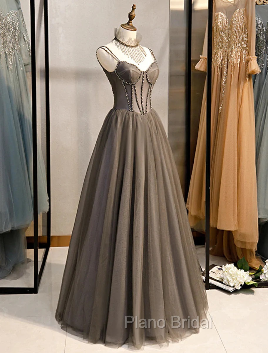 Gray A-Line Formal Prom Dresses Open Back Dresses Formal Wedding Party Floor Length Sleeveless Spaghetti Strap Tulle with Pleats Crystals Secondary image
