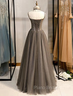 Gray A-Line Formal Prom Dresses Open Back Dresses Formal Wedding Party Floor Length Sleeveless Spaghetti Strap Tulle with Pleats Crystals
