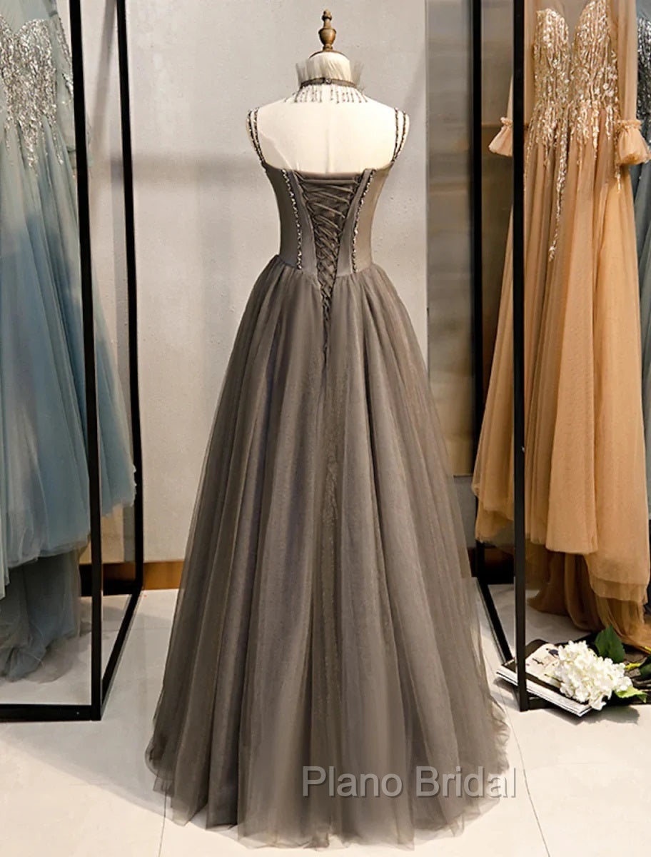 Gray A-Line Formal Prom Dresses Open Back Dresses Formal Wedding Party Floor Length Sleeveless Spaghetti Strap Tulle with Pleats Crystals