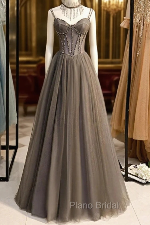 Gray A-Line Formal Prom Dresses Open Back Dresses Formal Wedding Party Floor Length Sleeveless Spaghetti Strap Tulle with Pleats Crystals Main image