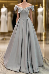 Gray A-Line Satin Long Formal Prom Dress, Gray Formal Evening Dress