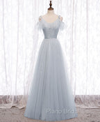 Gray A line Tulle Long Formal Prom Dresses, Gray Formal Bridesmaid Dresses