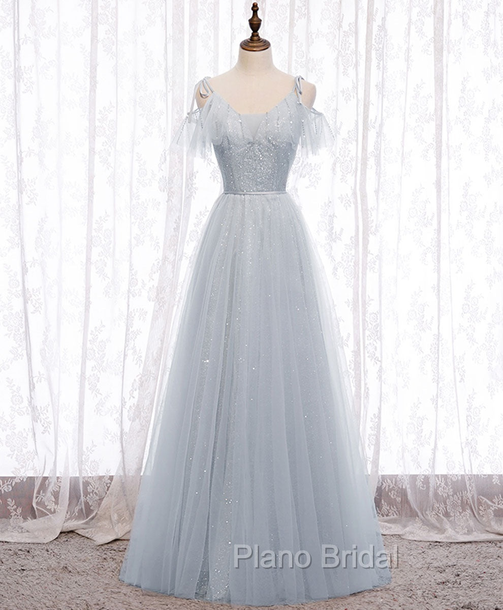 Gray A line Tulle Long Formal Prom Dresses, Gray Formal Bridesmaid Dresses