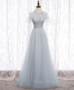 Gray A line Tulle Long Formal Prom Dresses, Gray Formal Bridesmaid Dresses