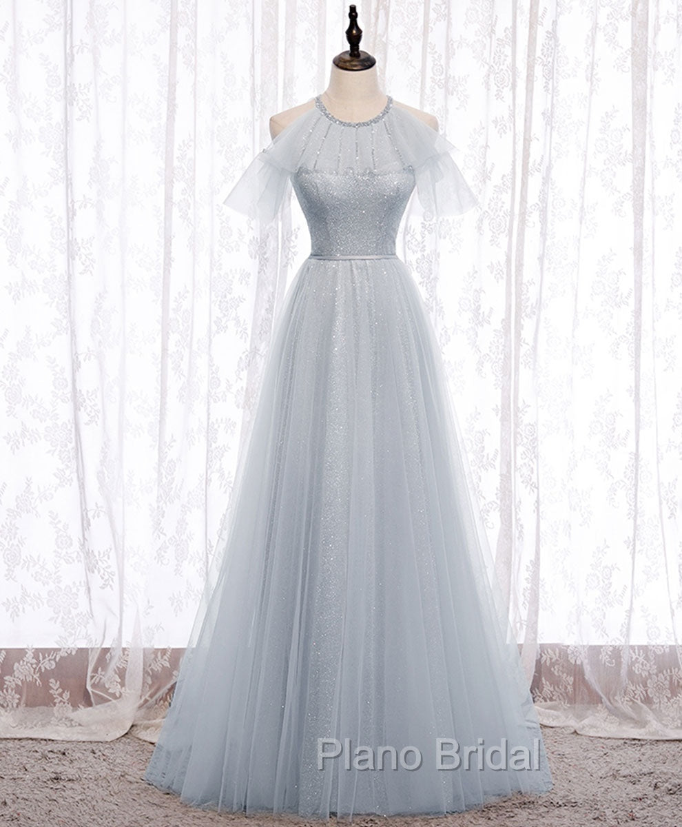 Gray A line Tulle Long Formal Prom Dresses, Gray Formal Bridesmaid Dresses