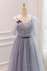 Gray A-Line Tulle Long Formal Prom Dresses, Gray Formal Evening Dresses