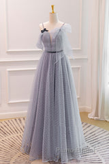 Gray A-Line Tulle Long Formal Prom Dresses, Gray Formal Evening Dresses