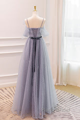 Gray A-Line Tulle Long Formal Prom Dresses, Gray Formal Evening Dresses