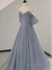 Gray A line tulle off shoulder Formal Prom dress, gray long evening dress