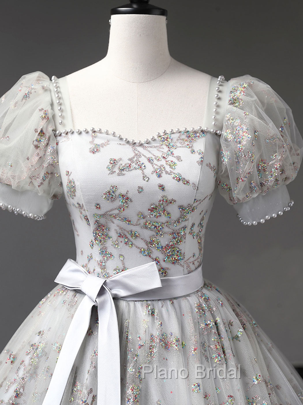 Gray A-Line Tulle Sequin Long Formal Prom Dresses, Gray Tulle Sweet 16 Dresses