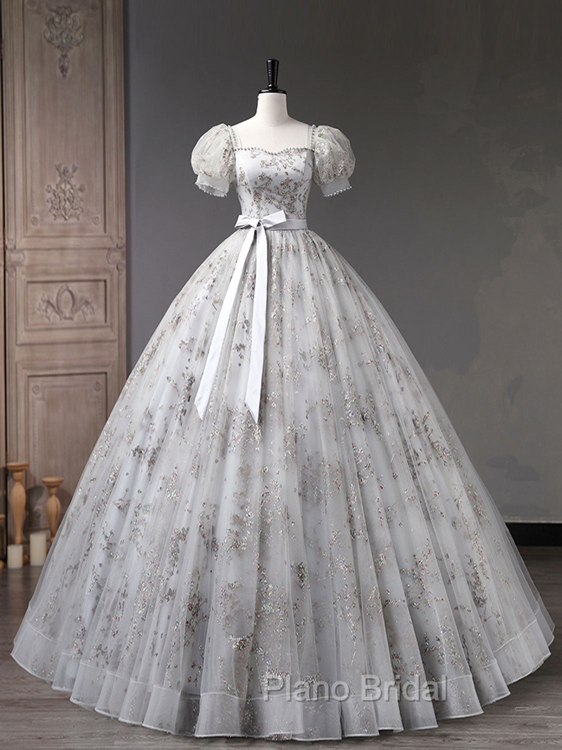 Gray A-Line Tulle Sequin Long Formal Prom Dresses, Gray Tulle Sweet 16 Dresses Secondary image