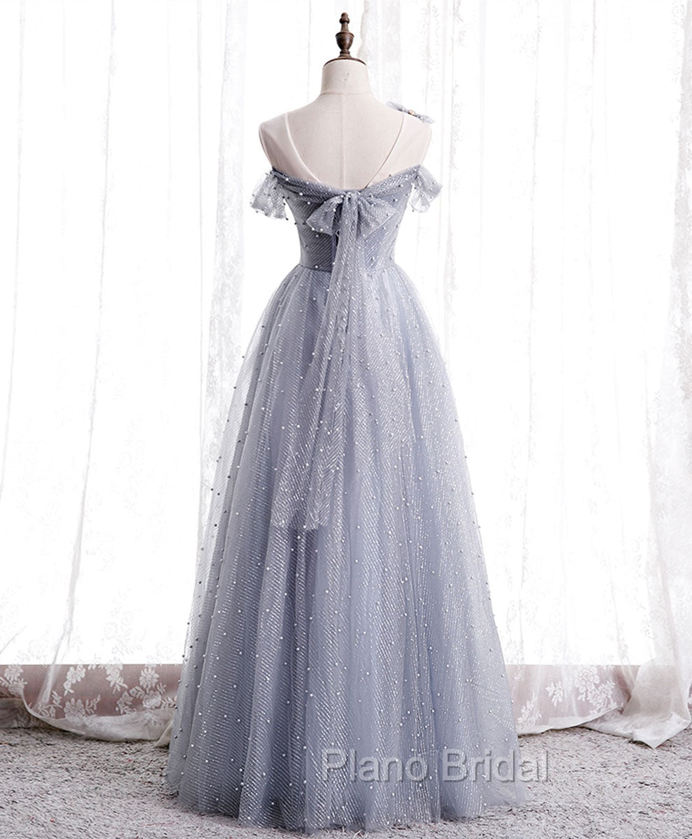 Gray Aline Long Formal Prom Dresses, One Shoulder Gray Formal Party Dresses