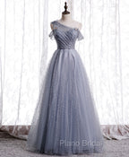 Gray Aline Long Formal Prom Dresses, One Shoulder Gray Formal Party Dresses