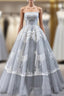 Gray Ball Gown Tulle Appliques Embroidery Strapless Formal Prom Dresses