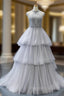Gray Ball Gown Tulle High Neck Backless Cap Sleeve Formal Prom Dresses With Pearls