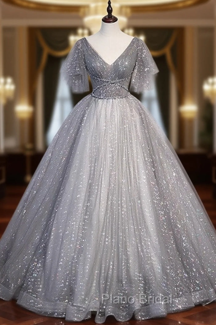 Gray Ball Gown Tulle Sequins V-neck Formal Prom Dresses Main image