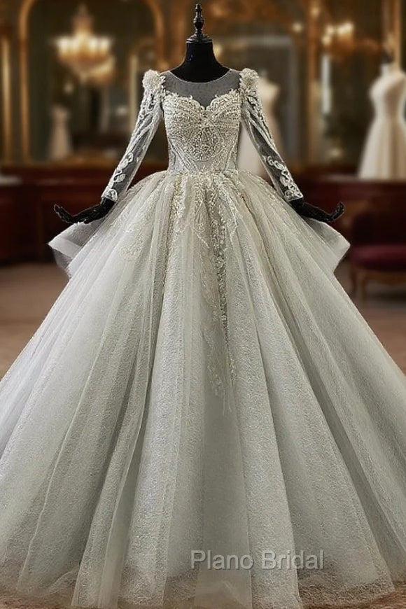 Gray Ball Gown Tulle Seuqins Beading Long Sleeve Wedding Dresses With Long Train Main image